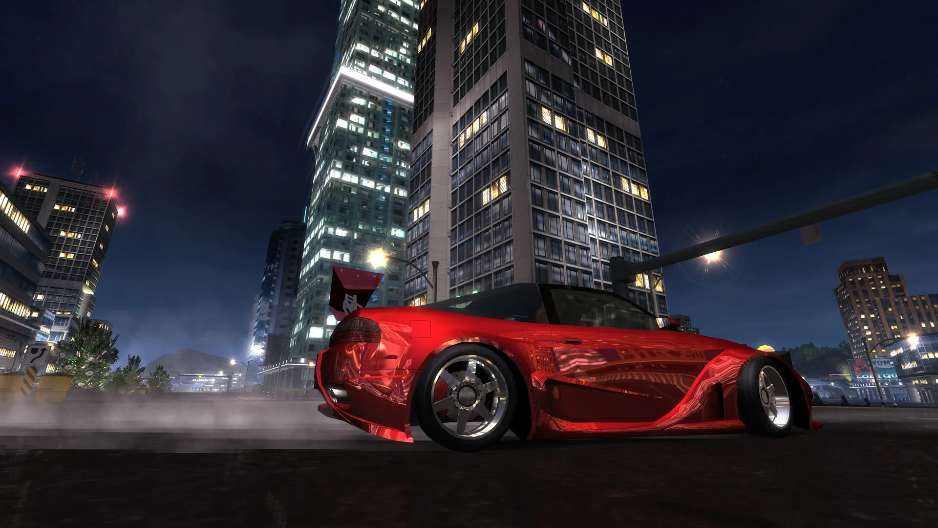 Heatwarped Demo open-world city skyline with a car on wet streets